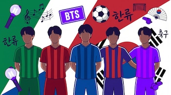 Ilustración plana de cinco jugadores de Chivas frente a un fondo con los colores de México y Corea del Sur. Se ven símbolos de K-pop, BTS, fútbol y cultura coreana.