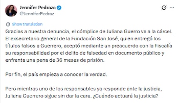 Esta fue la reacción de Jennifer Pedraza a la primera condena por el caso de Juliana Guerrero - crédito @JenniferPedraz/X