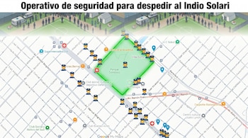 Mapa detallado con una zona verde destacada en Parque Domínico, Villa Domínico, emojis de policía, y un campo con multitud, ambulancias y tiendas.
