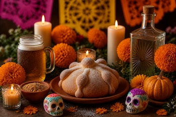 Pan de muerto en un plato, acompañado de flores de cempasúchil, velas encendidas, calaveras de azúcar, un tarro con cerveza y una botella.