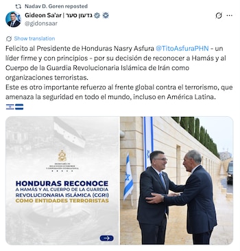El embajador de Israel en Honduras, Nadav Goren, reaccionó positivamente a la decisión del Gobierno hondureño de declarar a Hamás y a la Guardia Revolucionaria Islámica de Irán (CGRI) como organizaciones terroristas. (FOTO: X)