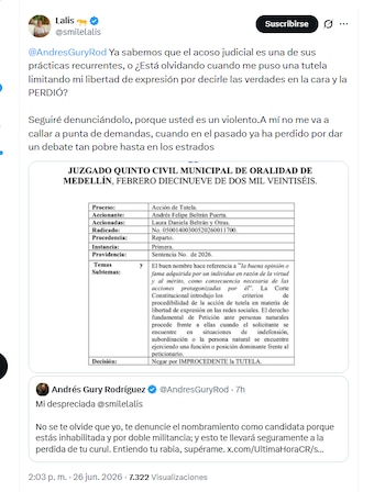 La congresista electa 'Lalis' señaló a Andrés "Gury" Rodríguez de recurrir al acoso judicial - crédito @smilelalis/X