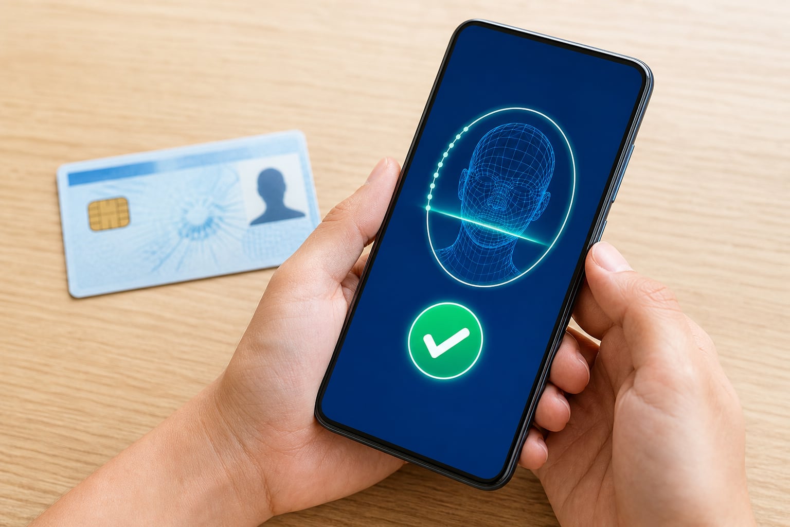 Un usuario realiza un proceso de verificación biométrica facial en un teléfono móvil junto a su documento de identidad electrónico. (Imagen Ilustrativa Infobae)