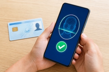 Manos sostienen un celular con una interfaz de escaneo facial y un ícono verde de verificación junto a un documento de identidad plástico.