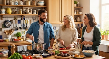 Un hombre y dos mujeres sonríen mientras cocinan en una cocina moderna. El hombre revuelve una olla, una mujer corta tomates y la otra ríe junto a la encimera.