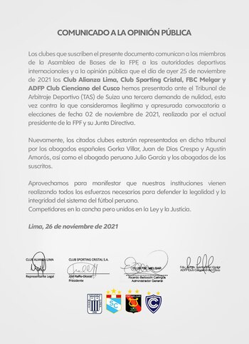 Comunicado de Alianza Lima, Sporting