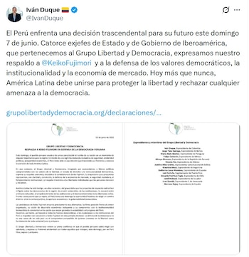Un grupo de 14 exmandatarios iberoamericanos respaldó a Keiko Fujimori con un pronunciamiento público difundido “este último miércoles” por Iván Duque, expresidente de Colombia, a pocos días de la segunda vuelta presidencia - Créditos: @IvanDuque.