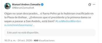 Manuel Andrés Zamudio, activista político, comparó los viajes de De la Espriella con los de Petro y la reacción de la prensa en ambos - crédito @ManuelZamudioA/X