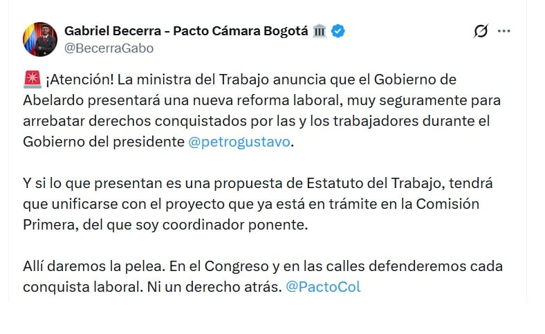 Gabriel Becerra, representante a la Cámara, aseguró que el proyecto tendrá que unificarse con otra iniciativa que ya está en trámite en la Comisión Primera de la Cámara - crédito @BecerraGabo/X