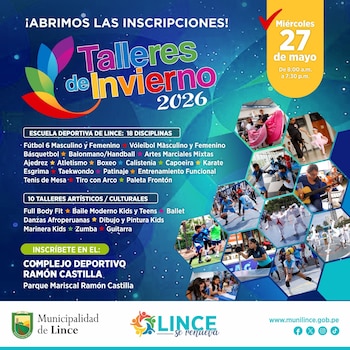 Póster azul con el título "Talleres de Invierno 2026" y una flor de colores. Muestra un collage hexagonal de niños y jóvenes practicando deportes y artes