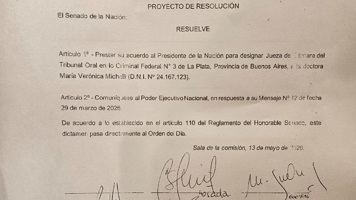Un dictamen del Senado de la Nación, con múltiples firmas de senadores, oficializa la aprobación para la designación de María Verónica Michelli como jueza federal del Tribunal Oral en lo Criminal Federal N° 3 de La Plata.