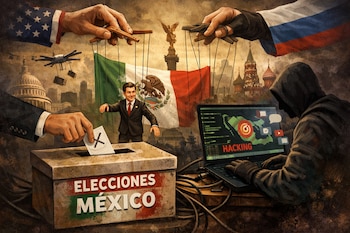 Manos de EE.UU. y Rusia controlan un candidato títere y una urna de "Elecciones México", con un hacker en una laptop. Se ven drones y edificios icónicos.