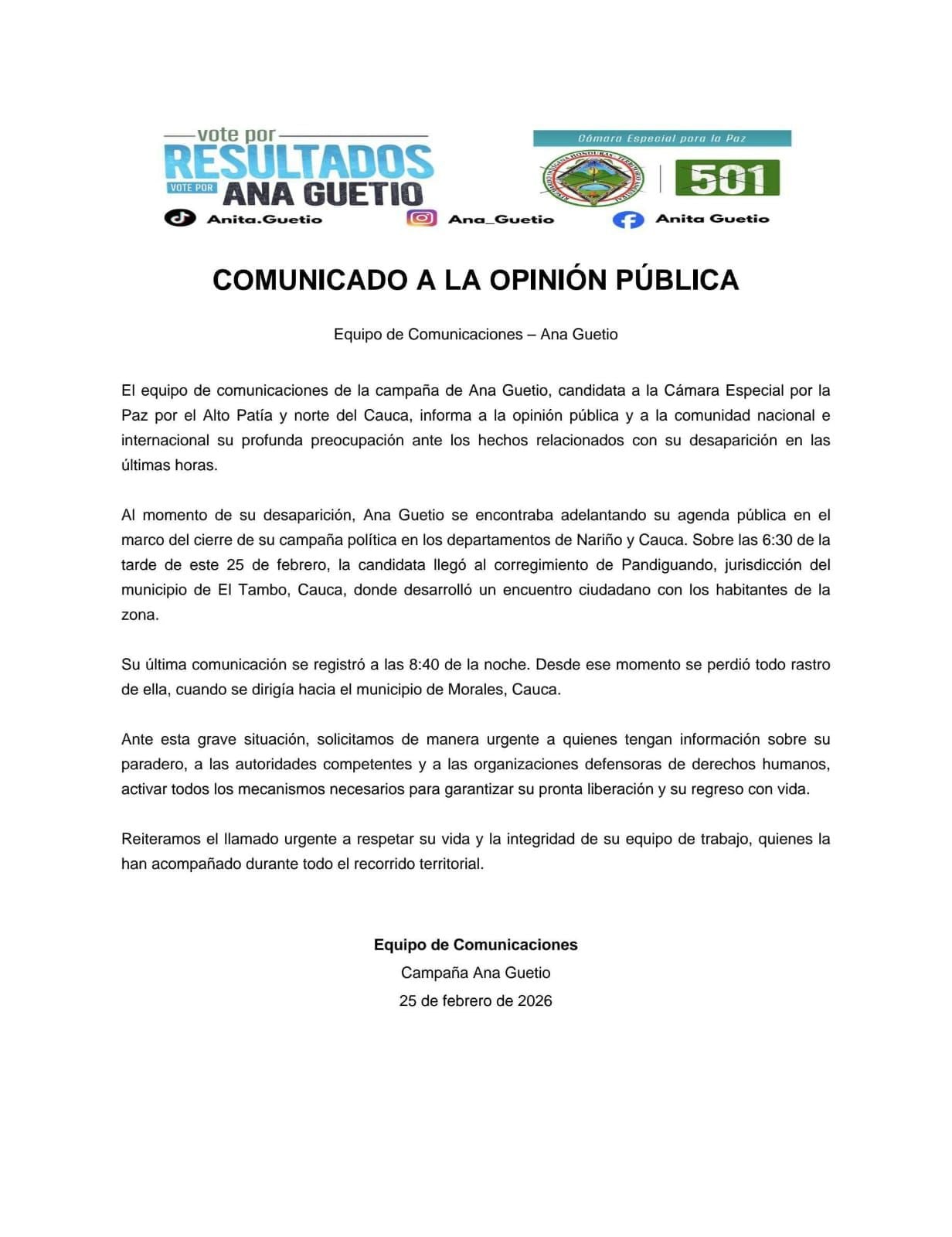 La desaparición de Ana Libia Guetio, lideresa indígena y candidata de paz, encendió las alarmas por la seguridad electoral en Cauca - crédito prensa Ana Guetio