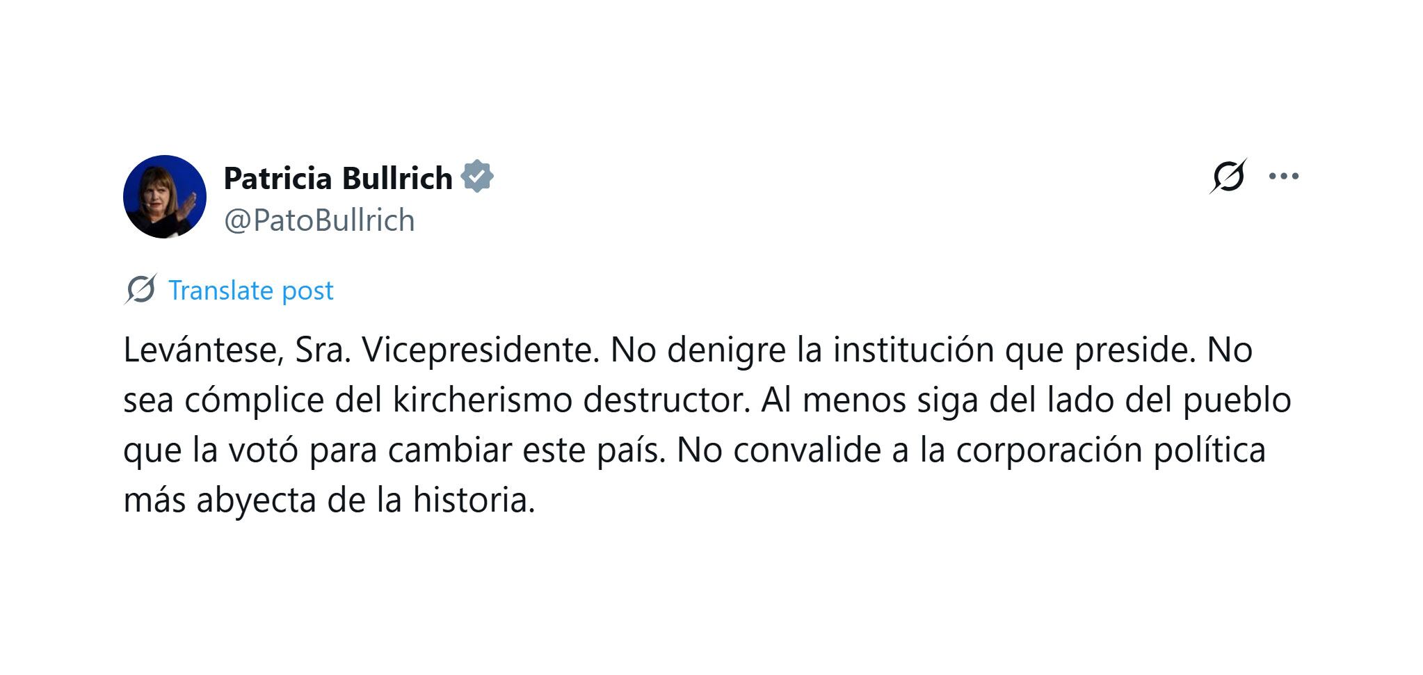 Bullrich apuntó este jueves contra la vicepresidente a través de su cuenta de X.