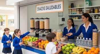 Dos mujeres atienden un kiosco escolar con frutas, botellas de agua y dispensadores de cereales a tres niños con uniforme escolar.