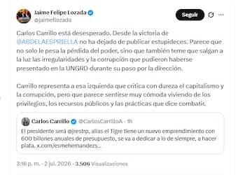El exrepresentante Jaime Felipe Lozada criticó a Carlos Carrillo por cuestionar al Gobierno entrante, liderado por el presidente electo Abelardo de la Espriella - crédito @jaimeflozada/X