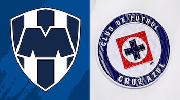 Un escudo azul y blanco con una letra M a la izquierda y el emblema circular del Cruz Azul a la derecha.
