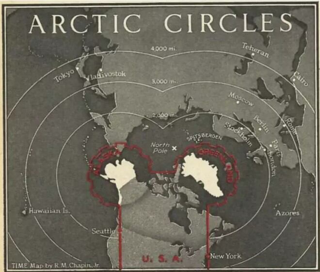 Mapa publicado en la edición del 27 de enero de 1947 de la revista Time, en el que se ilustra la ventaja estratégica que supondría para Estados Unidos la adquisición de Groenlandia. (Wikimedia Commons)