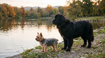 Un perro yorkshire terrier pequeño y un perro terranova negro de pie junto a la orilla de un lago con árboles al fondo.