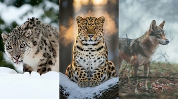 Imágen dividida en tres partes mostrando un leopardo de las nieves a la izquierda, un leopardo manchado al centro y un lobo a la derecha.