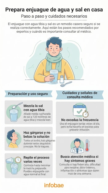 Infografía ilustra cómo preparar y usar un enjuague de agua con sal, con imágenes de una persona haciendo gárgaras y otros íconos médicos.