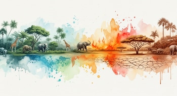 Ilustración acuarela horizontal que muestra una selva exuberante con animales a la izquierda y una sabana árida con fuego y tierra agrietada a la derecha.
