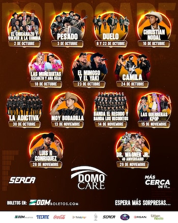 Afiche publicitario de Domo Care con círculos iluminados que contienen fotografías de artistas y fechas de presentaciones de octubre a noviembre