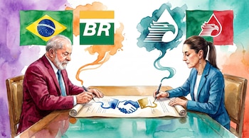 Un hombre y una mujer firman un pergamino sobre una mesa de madera. Detrás hay una bandera de Brasil, un logo "BR" y una bandera verde y roja con un emblema.