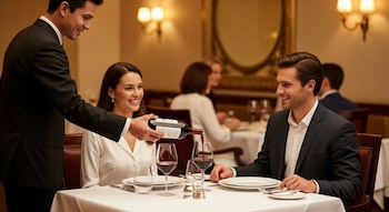 Un mozo de traje negro sirve vino tinto en copas sobre un mantel blanco a una pareja sonriente en un elegante restaurante, con otros comensales de fondo.