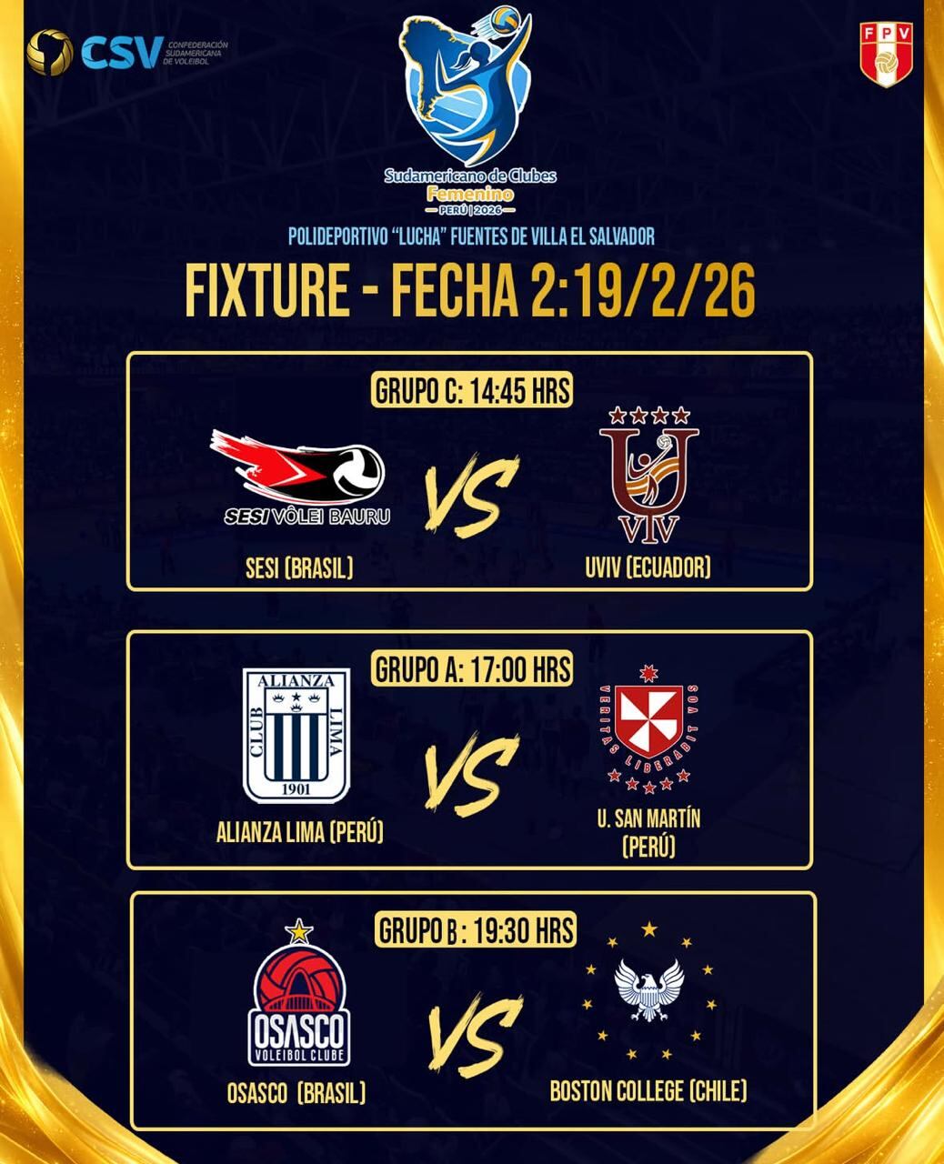 Programación de la fecha 2 del Sudamericano de Clubes de Vóley 2026 (FPV)