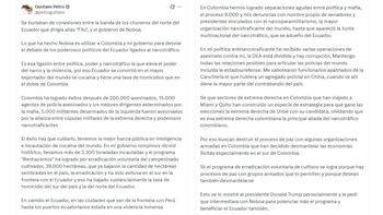 El presidente colombiano atribuye el incremento de violencia en Ecuador a la relación entre política local y organizaciones narcotraficantes - crédito @petrogustavo/X