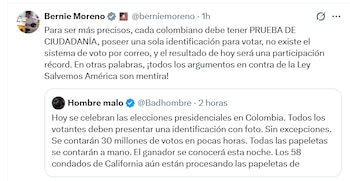 En su intervención en la red social X, afirmó: “todos los argumentos en contra de la Ley Salvemos América son mentira”, al citar características del sistema electoral colombiano - crédito @berniemoreno/X