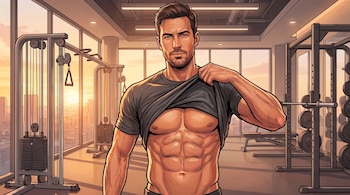 Un hombre de complexión fuerte muestra su abdomen en un gimnasio con equipo de pesas y grandes ventanales que dan a la ciudad al atardecer.