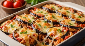 Primer plano de un pastel de berenjena y pollo con queso gratinado, salsa de tomate y perejil en una fuente blanca. Se ve un cuenco con tomates al fondo.