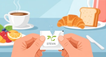 Ilustración vectorial flat de dos manos abriendo un sobre de stevia sobre una mesa con una taza de café, frutas, un croissant y pan tostado.