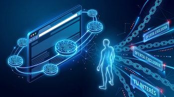 Ilustración digital de tonos azules mostrando un navegador web con cookies alrededor, una figura humana, cadenas de datos y paneles con textos como "Oferta Exclusiva".