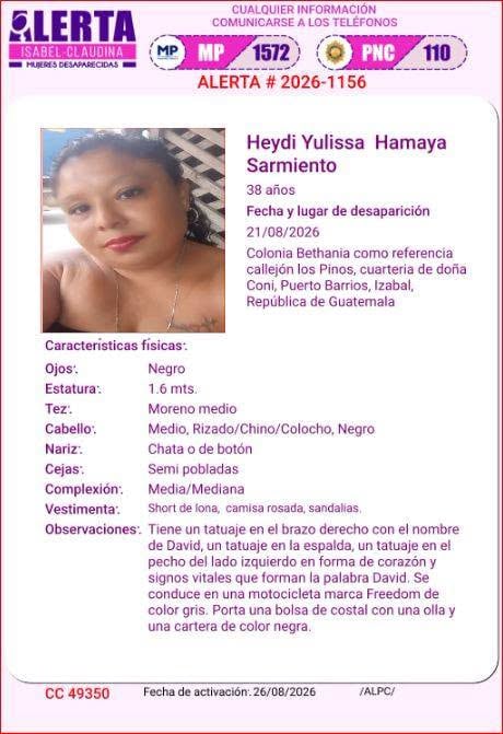 Un boletín de la Alerta Isabel-Claudina difunde la búsqueda de Heydi Yulissa Hamaya Sarmiento, desaparecida en Puerto Barrios, Guatemala. (Alerta Isabel Claudina)