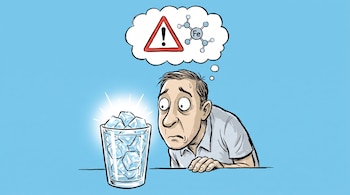 Un hombre mira fijamente un vaso con hielo mientras en su pensamiento aparece un triángulo de advertencia y una molécula de hierro.