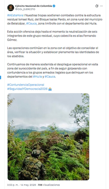El Ejército Nacional de Colombia confirmó la muerte de seis integrantes de las disidencias de las Farc en Belalcázar, Cauca - crédito @COL_EJERCITO/X