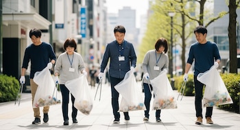 Cinco personas con guantes blancos recogen residuos con pinzas y bolsas de plástico transparentes en una calle urbana con edificios y árboles.