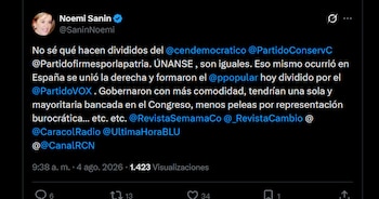 Noemí Sanín pidió la unidad de la derecha en Colombia tras la personería jurídica de Defensores de la Patria - crédito X