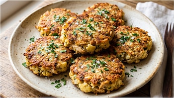 Primer plano de varias tortitas de pollo y coliflor doradas, adornadas con perejil fresco y sal gruesa, servidas en un plato de cerámica sobre madera