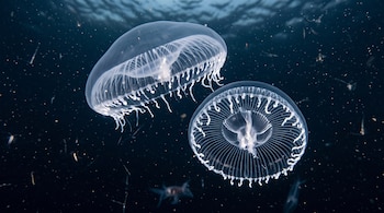 Dos medusas translúcidas de forma acampanada flotan en agua marina oscura con pequeñas partículas en suspensión.