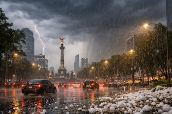 Panorámica del Ángel de la Independencia en CDMX bajo lluvia intensa y granizo. Un rayo ilumina el cielo oscuro. Coches con luces rojas circulan en la avenida mojada.