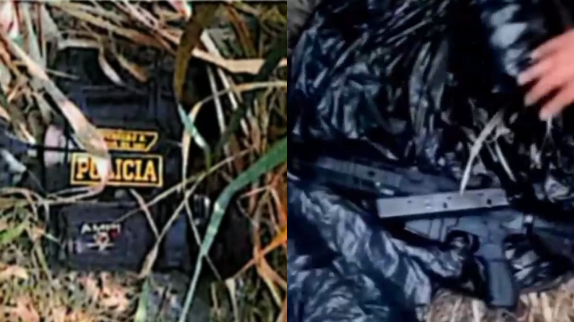 Uniformes con distintivos policiales y armamento hallados en un cañaveral forman parte de las evidencias sobre un secuestro perpetrado en Trujillo. (Panorama)