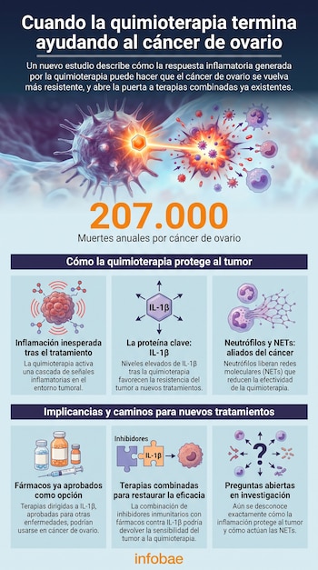 Infografía sobre cáncer de ovario, con título, texto explicativo, ilustraciones de células, moléculas, fármacos y la cifra 207.000, junto al logo Infobae.