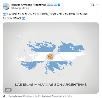 Captura de una publicación en red social con un mapa de las Islas Malvinas pintado con la bandera argentina y texto sobre la soberanía