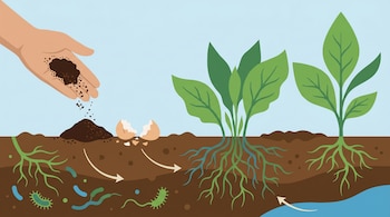 Ilustración de corte transversal de un cantero donde una mano vierte posos de café y cáscaras de huevo. Se ven raíces, microorganismos y el proceso de absorción de nutrientes.