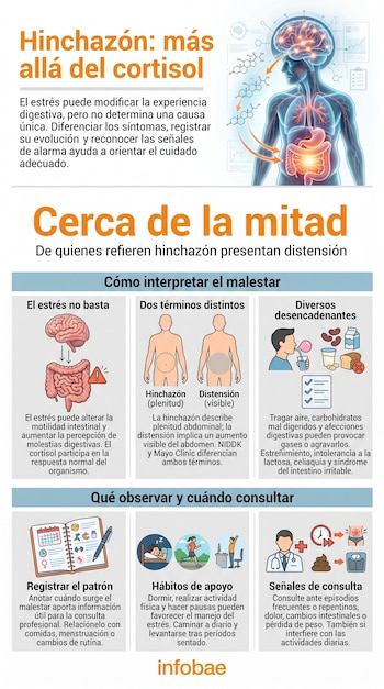 Infografía con texto, esquemas del cerebro y el sistema digestivo, dos siluetas humanas, iconos de alimentos, agenda, reloj y un médico.