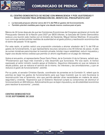 El Centro Democrático insiste en que el gobierno de Abelardo de la Espriella debe ser austero - crédito Centro Democrático